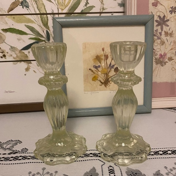 Other - *EUC* Retro Heavy Glass Candle Holders - Soft Clear Yellow
